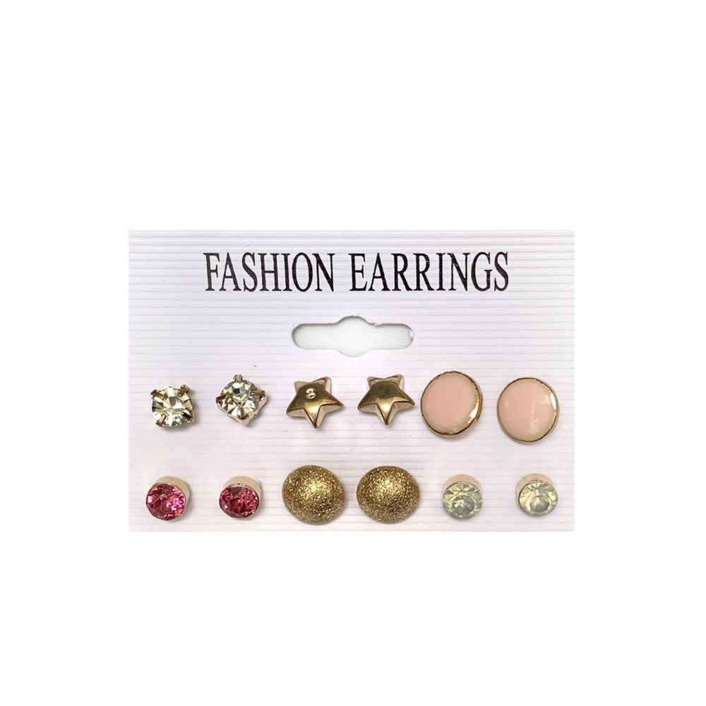 Boutique Set of 6 Pairs of Gold and Faux CZ Fashion Stud Earrings
